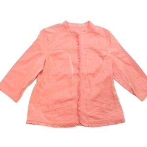 Chicos Womens Jacket Sz 16 Peach Pink Shiny Satin Ruffle Trim Chic Fall Classy